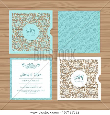 Wedding Invitation Or Greeting Card With Flower Ornament. Cut Laser Square Envelope Template. Weddin