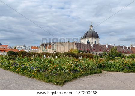 View of the Salesian Church from Belvedere palace garden Vienna Austria