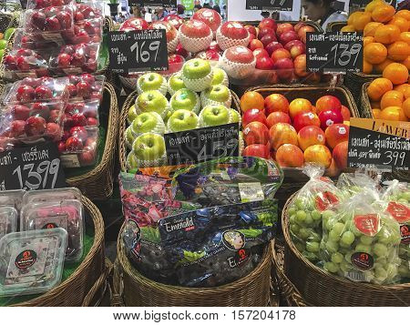 Bangkok Thailand - 18 November 2016: Fruit market with various colorful fresh fruits and vegetables