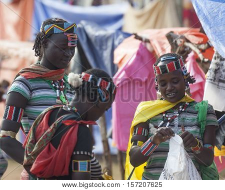 Banna People At Village Market. Key Afar, Omo Valley. Ethiopia