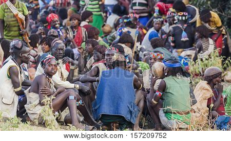 Banna People At Village Market. Key Afar, Omo Valley. Ethiopia