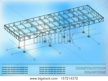 Construction drawings. 3D metal construction. Cover blue background for inscriptions
