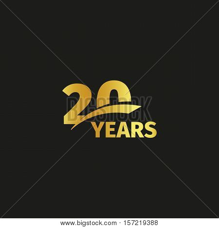Isolated abstract golden 20th anniversary logo on black background. 20 number logotype. Twenty years jubilee celebration icon. Twentieth birthday emblem. Vector illustration