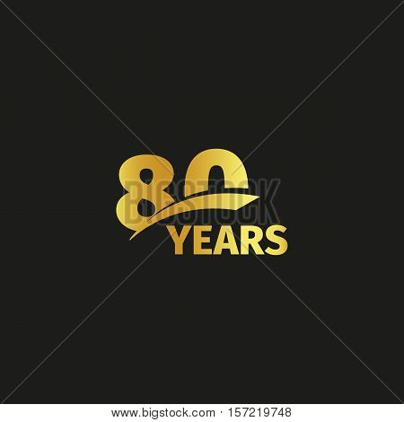Isolated abstract golden 80th anniversary logo on black background. 80 number logotype. Eighty years jubilee celebration icon. Eightieth birthday emblem. Vector illustration
