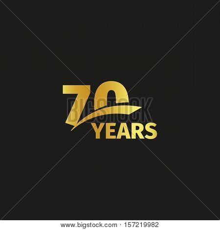 Isolated abstract golden 70th anniversary logo on black background. 70 number logotype. Seventy years jubilee celebration icon. Seventieth birthday emblem. Vector illustration