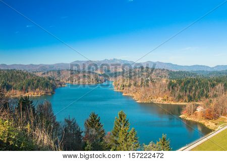Panoramic view of Lokvarsko lake, beautiful mountain autumn landscape, Lokve, Gorski kotar, Croatia