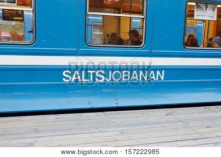 Nacka Sweden - October 15 2015: Suburban train in the Stockholm area on the line Saltsjobanan at stop Henriksdal..