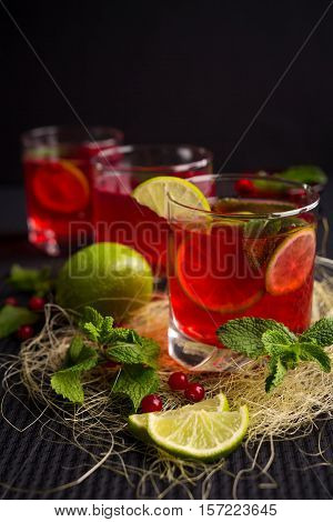 Refreshing drink with lime, mint and cranberries on a dark background