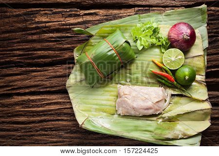 Nham Sour Pork In Banana Leaves Thai Food