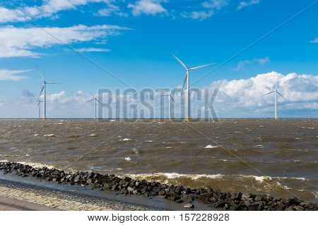 offshore windmill farm in the IJsselmeer at Urk Netherlands