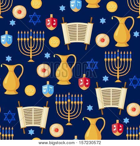 Seamless pattern background with Hanukkah traditional elements in flat style. Vector illustration.