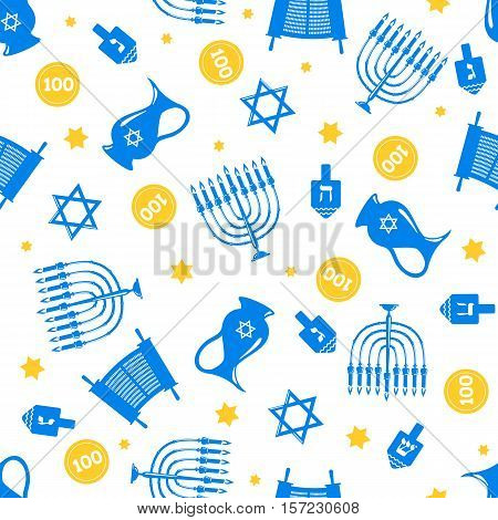 Seamless pattern background with Hanukkah traditional elements in flat style. Vector illustration.