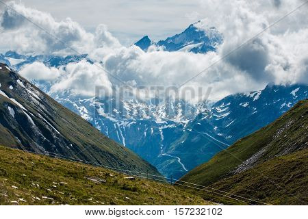 Finsteraarhorn Peak With Clouds From Furka Pass