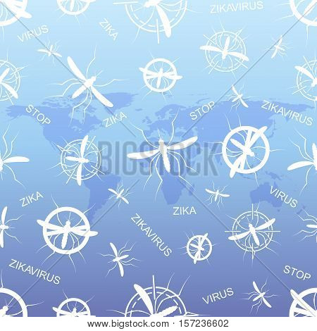 Zika virus pattern wallpapers with World Map. Zika virus mosquito bite illustration. Scientific vector for your design