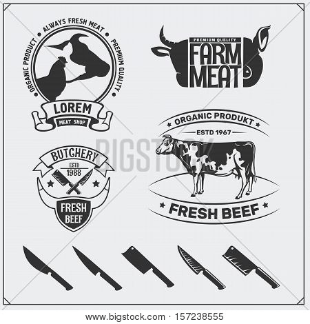 Vector meat labels. Butcher's business emblems. Silhouettes of farm animals.