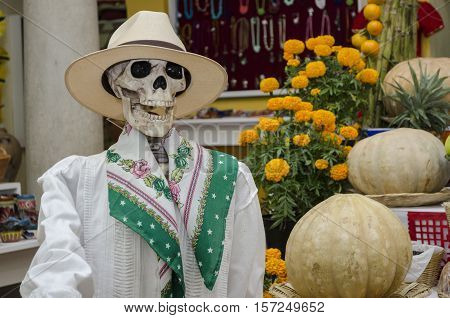 OAXACA, OAXACA, MEXICO - NOVEMBER 1, 2016: Skull dressed up with traditional mexican clothes. Part of a day of the dead offering altar in Oaxaca, Mexico