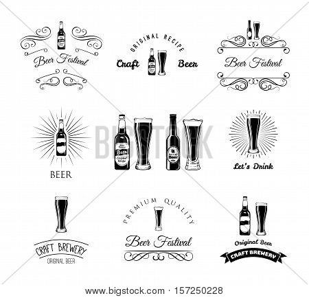 Beer, bar, pub labels and badge set. Beer Bottle and Glass Set.