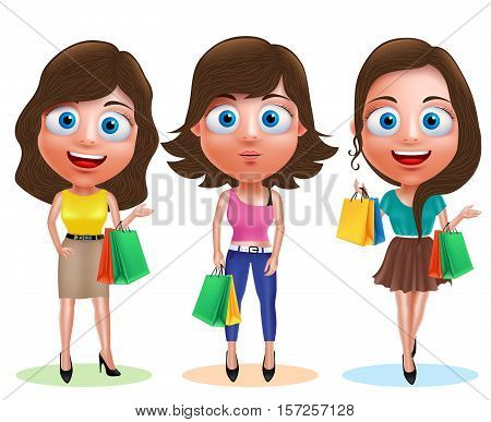Female shopping vector characters set. Woman holding shopping bags wearing fashionable dress and hairstyles in white background. Vector illustration.