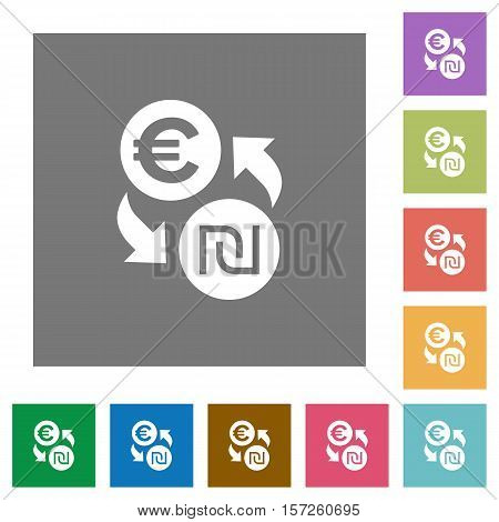Dollar new Shekel flat icons on simple color square background.
