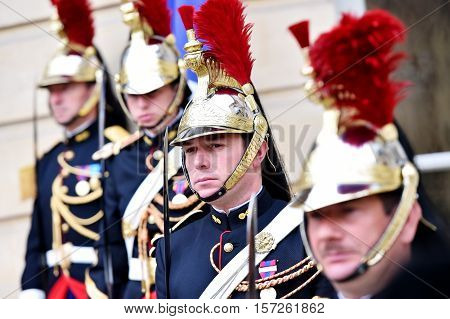 PARIS FRANCE - JUNE 10: Hotel Matignon Republican Guards of honor during a welcome ceremony on JUNE 10 2016 in Paris. Matignon is the official residence of the Prime Minister of France.
