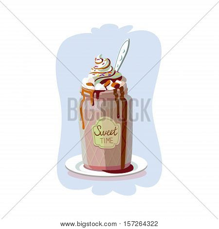 Cute mug and jar with coffe, cacoa, tea, latte. Best for winter advertising, print design, postcard. Winter cute and cozy drinks concept.