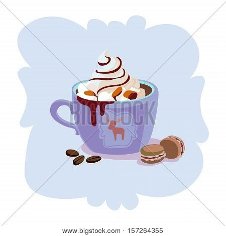 Cute mug and jar with coffe, cacoa, tea, latte. Best for winter advertising, print design, postcard. Winter cute and cozy drinks concept.