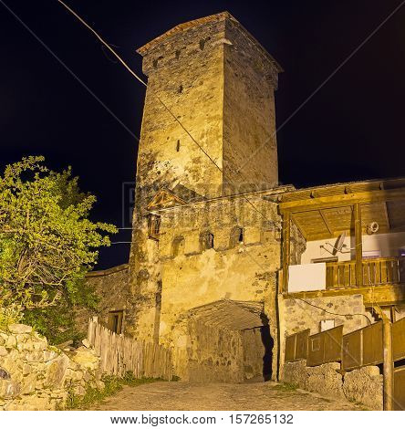 The quiet night in the small mountain townlet of Mestia Upper Svaneti Georgia.