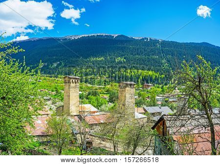 The historic townlet located in valley and surrounded by huge mountains Mestia Upper Svaneti Georgia.