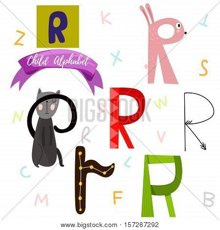 Bright Alphabet Set In Vector.r Letter-stylish 6 Hand Drawn Letters In Different Designs.cartoon Abs