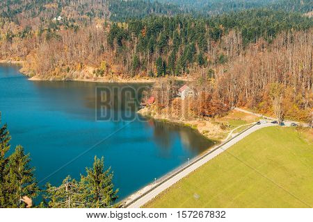 Panoramic view of Lokvarsko lake, beautiful mountain autumn landscape, Lokve, Gorski kotar, Croatia