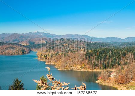 Panoramic view of Lokvarsko lake, beautiful mountain autumn landscape, Lokve, Gorski kotar, Croatia