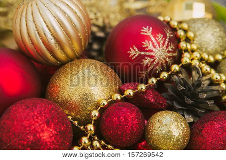 red and gold Christmas toys star and cones