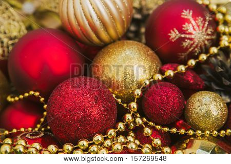 red and gold Christmas toys star and cones