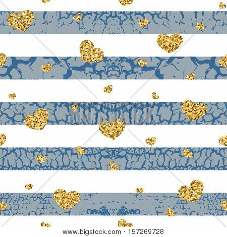 Gold grunge hearts craquelure stripes seamless pattern. Golden glitter confetti. White and blue background. Love Valentine day wedding design card wallpaper wrapping textile Vector Illustration