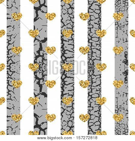 Gold grunge hearts craquelure stripes seamless pattern. Golden glitter confetti. White and black background. Love Valentine day wedding design card wallpaper wrapping textile Vector Illustration