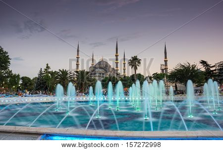 ISTANBUL TURKEY - JUNE 25 2015: Sultan Ahmet Mosque (Turkish: Sultan Ahmet Camii) is a historic mosque in Istanbul Turkey. The mosque is popularly known as the Blue Mosque for the blue tiles adorning the walls of its interior