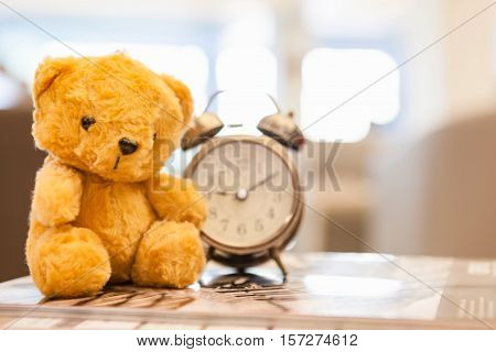 Retro Teddy Bear Toy Alone With Alam Clock.