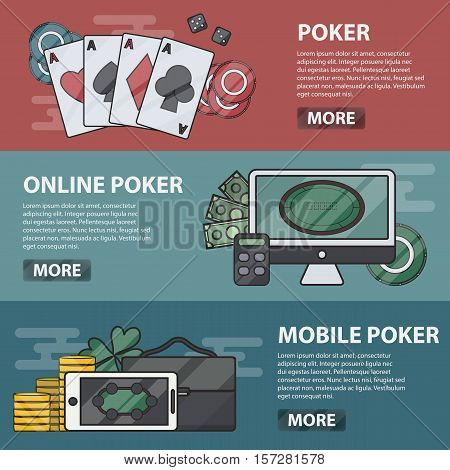 Vector thin line design horizontal banners of online and mobile poker. Business concept of casino, gambling and money game. Set of poker elements.