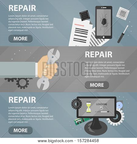 Vector flat horizontal banners of repair for websites. Business concept of computer support service and electronic market. Set of phone elements and hardware.