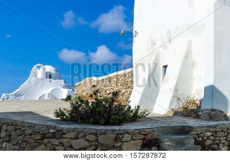 Greece Mykonos Chora view of the Panagia Paraportiani orthodox church in the Kastro area