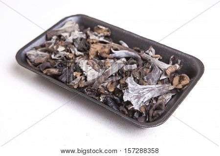 Black polythene tray full of Horn of Plenty mushrooms. Isolated