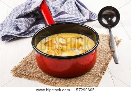 specialty from scotland freshly cooked cullen skink in an enamel pot