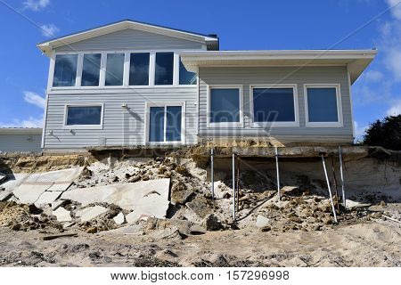 VILANO BEACH, FLORIDA, USA - NOVEMBER 6, 2016: Aftermath of beach house damage caused by hurricane Matthew hitting the east coast of Florida on October 7, 2016.