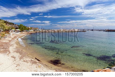 Sandy beach in Nea Skioni village, Halkidiki, Greece
