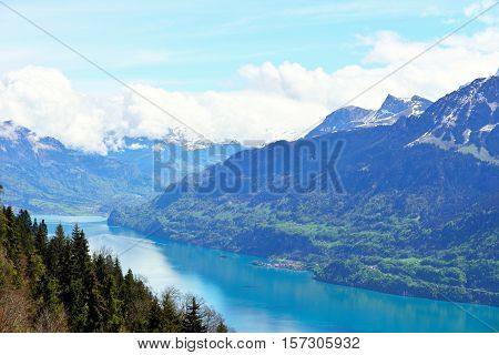 View from Harder Kulm Interlaken Switzerland. Mountains and a lake.