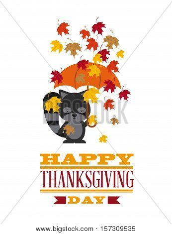 happy thanksgiving card with cute raccon and autumn leaves. colorful design. vector illustration