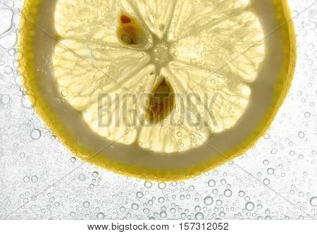 Lemon slices in water splash, white background, isolated on white