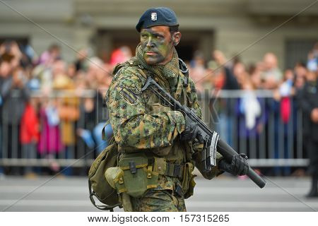 Buenos Aires, Argentina - Jul 11, 2016: Argentine soldier at the military parade during celebrations of the bicentennial anniversary of Argentinean Independence day.