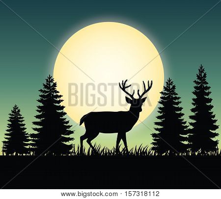 Deer forest landscape scenic natural - forest deer landscape scenery vector illustration flat stock