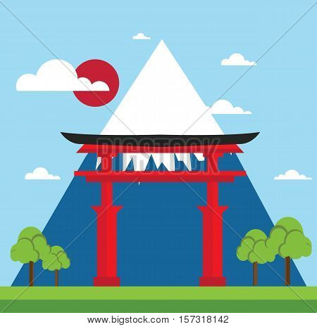 Landscape of japan gate - mountain fuji landscape design flat landmark illustration vector stock